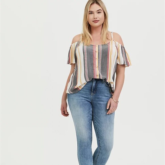 ⬇️ PRICE DROP 🆕 STRIPE  BUTTON FRONT COLD SHOULDER - Picture 3 of 5